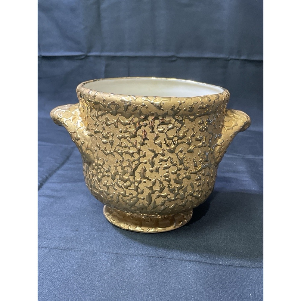 Vintage Haeger USA 22K Weeping Bright Gold Planter w/ Handles 5" MCM